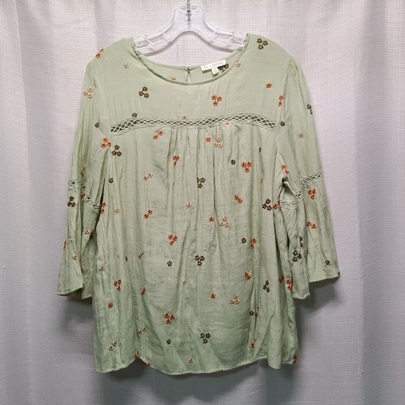 fig and flower Tops - Fig & Flower Tunic Top Womens 1X Green Floral Embroidered Lined Boho Keyhole